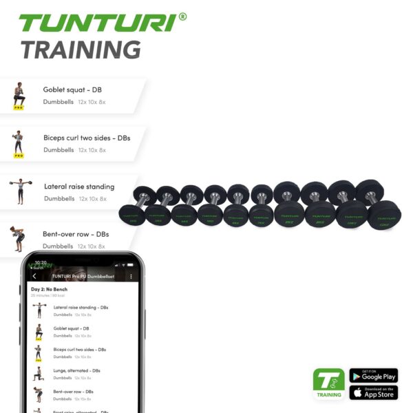 Hantlid TUNTURI PU Pro Dumbbell Set 14-32kg (10prs, 460kg) - Image 3